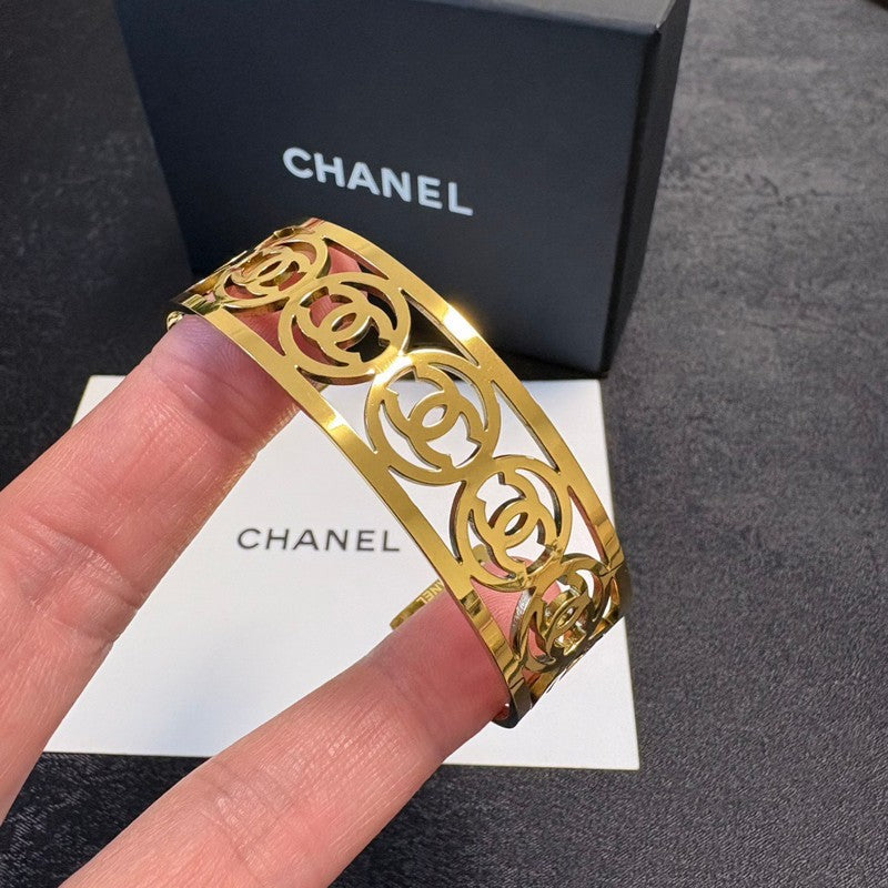 CC Hollow Open Cuff Gold Bracelet