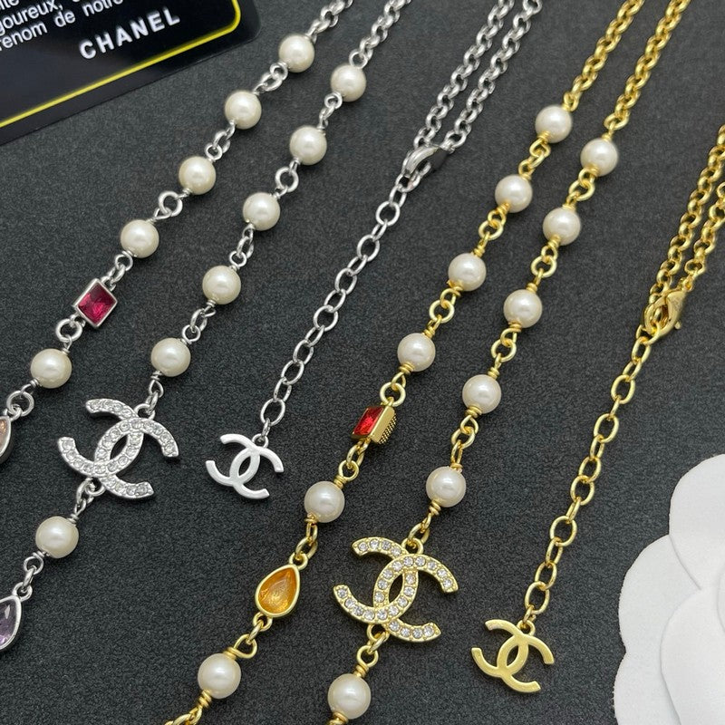 CC Color Crystal Pearl Long Chain Necklace