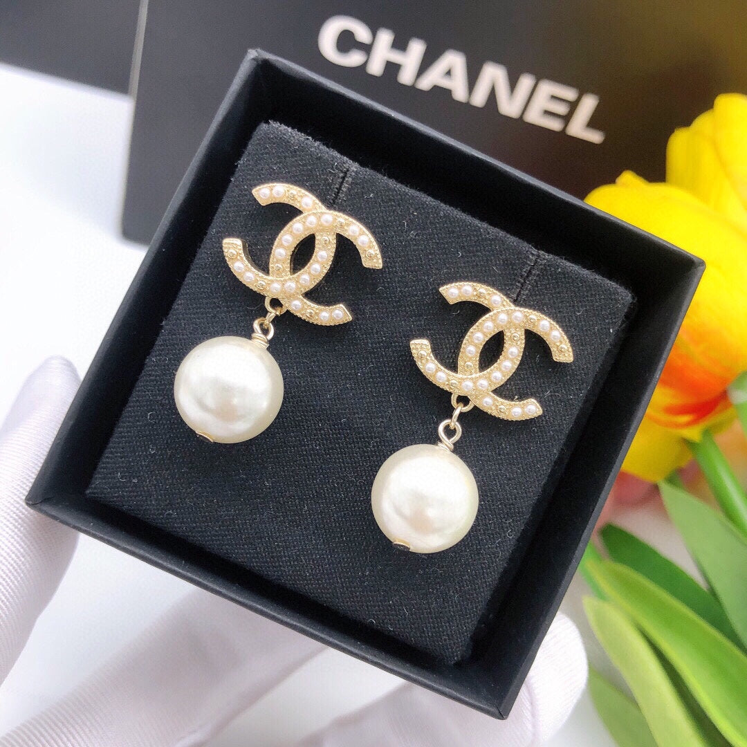 18K CC Pearl Drop Earrings