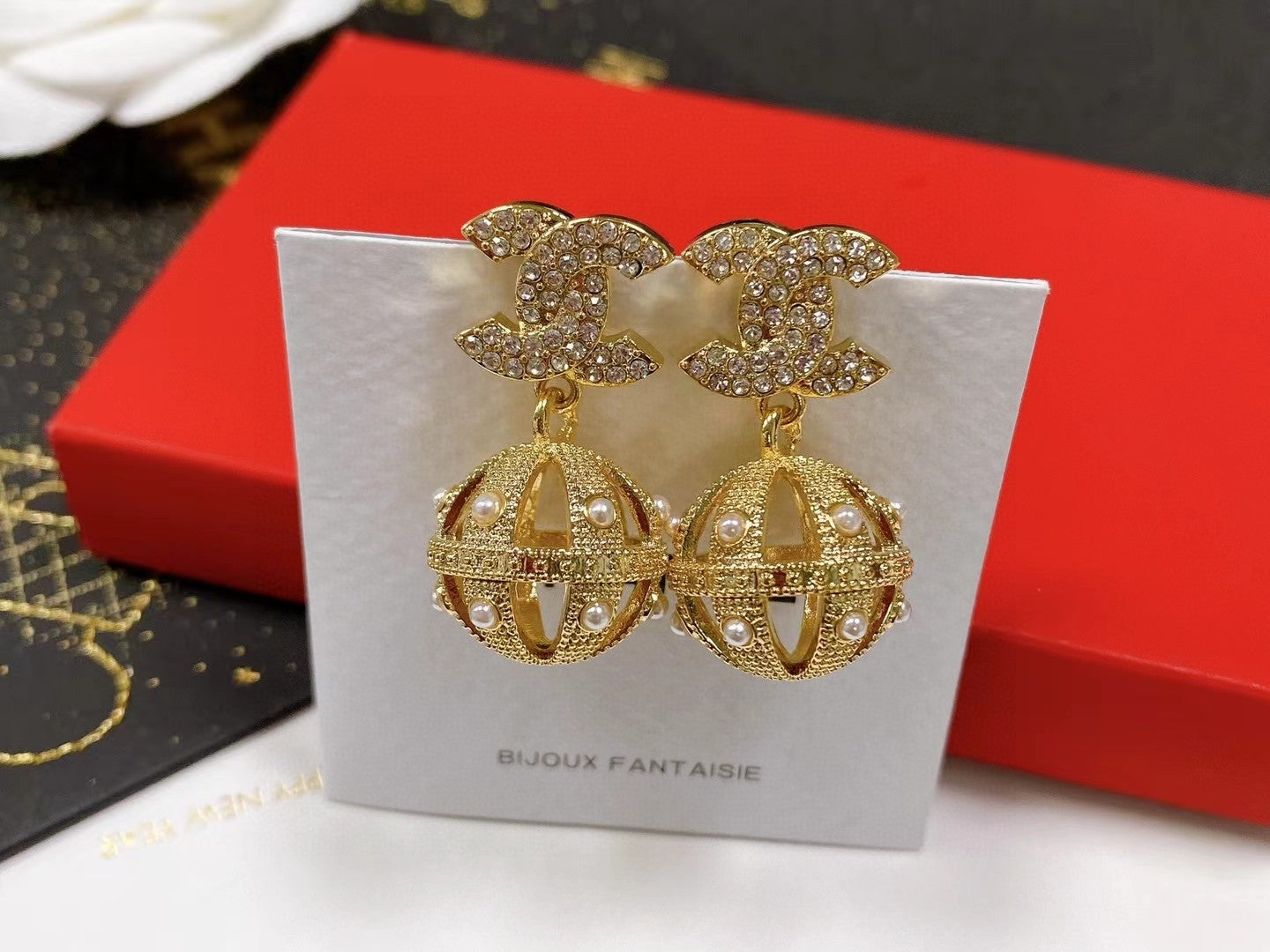 18K CC Ball Drop Earrings