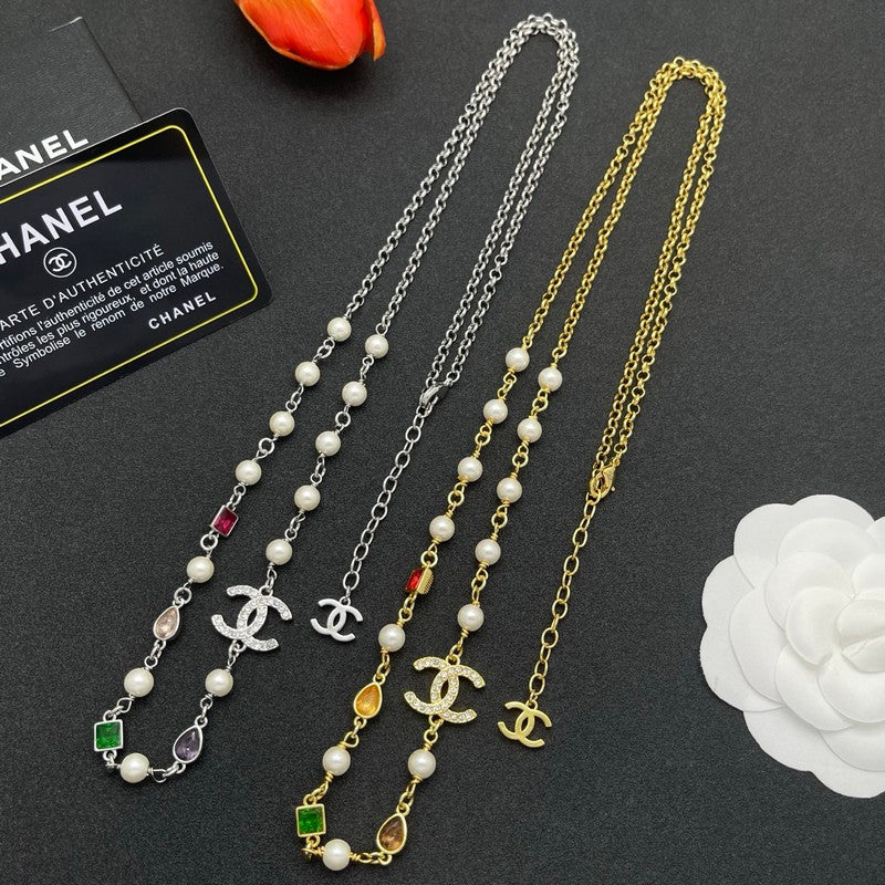 CC Color Crystal Pearl Long Chain Necklace