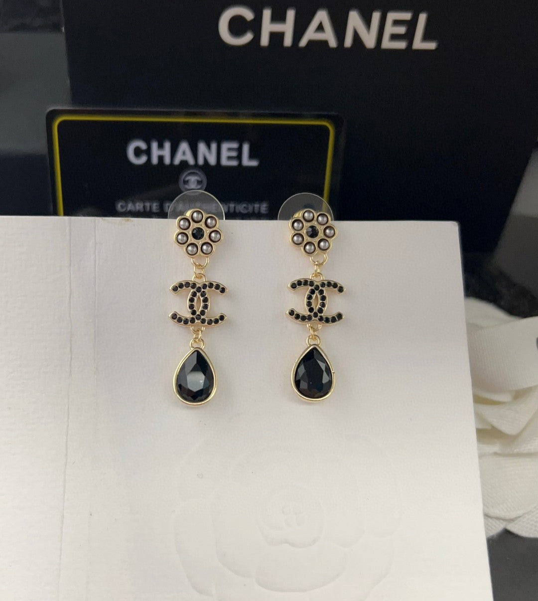 18K CC Black Crystals Earrings