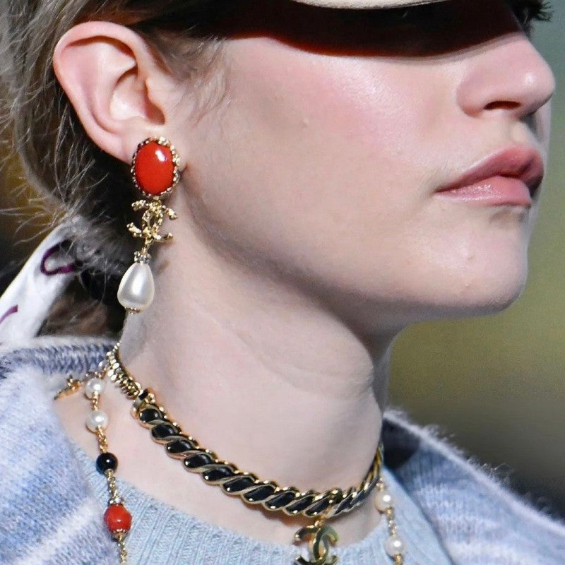 CC 24C Red Pearl Gold Earrings