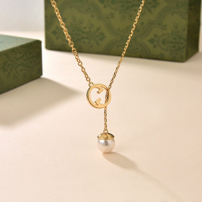 18K Double G Blondie Pearl Drop Necklace