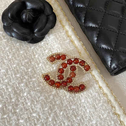 18K CC Red & Brown Pearl Gold Brooch