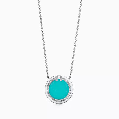 18K T Diamond & Turquoise Circle Pendant Necklace