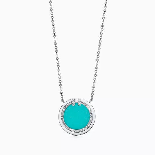 18K T Diamond & Turquoise Circle Pendant Necklace